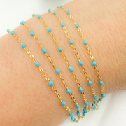 14K Solid Yellow Gold Enamel Turquoise Color Cable Chain
